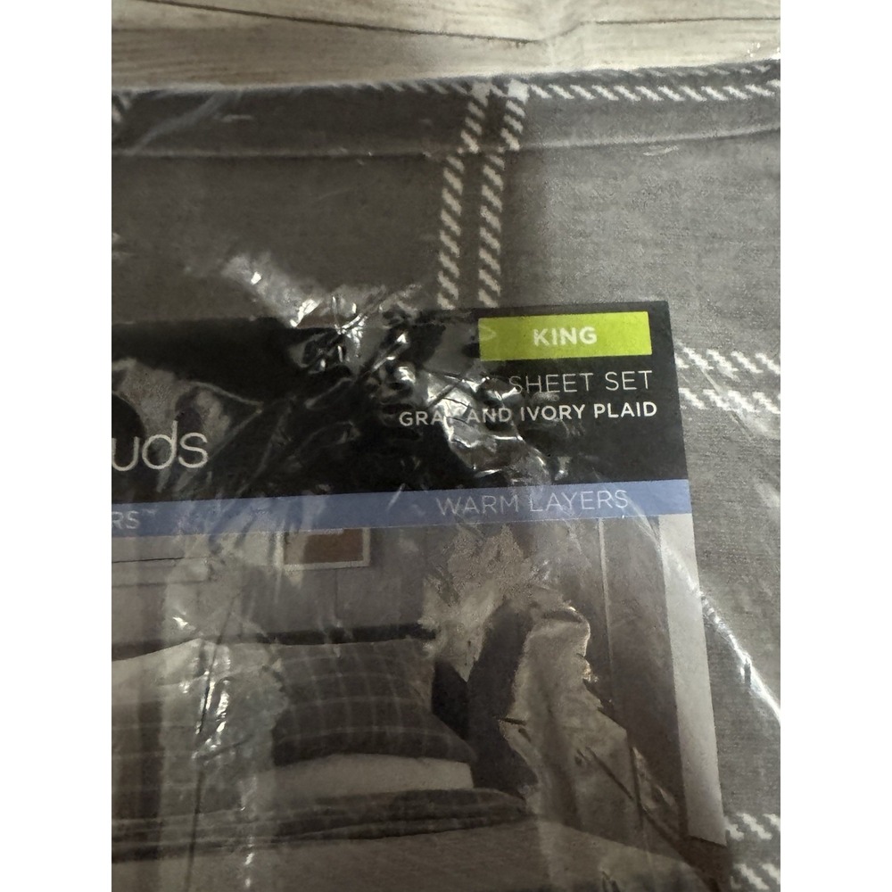 Cuddl Duds King Size Heavyweight Flannel Gray & Ivory Plaid Sheets New in Pkg - Picture 2 of 3